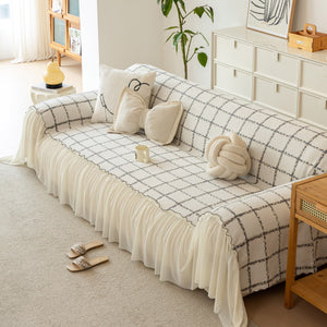 Grid Sofa Cover with Ruffle Skirt – Soft, Decorative, Full-Cover Couch Protector