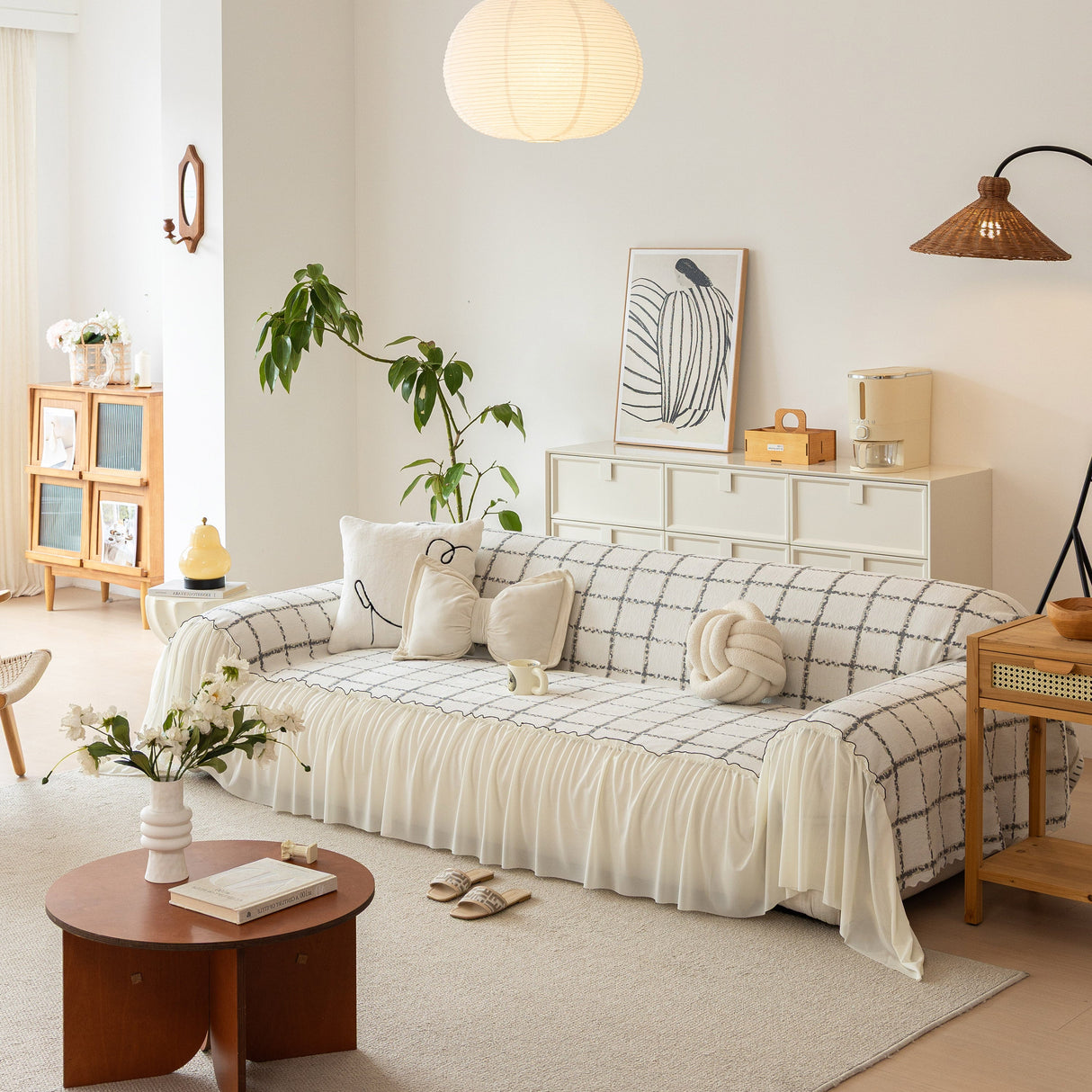 Grid Sofa Cover with Ruffle Skirt – Soft, Decorative, Full-Cover Couch Protector