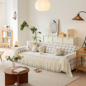 Grid Sofa Cover with Ruffle Skirt – Soft, Decorative, Full-Cover Couch Protector