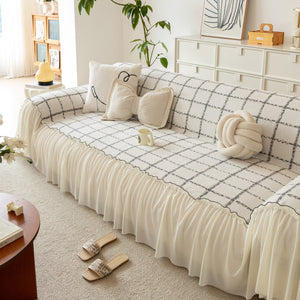 Grid Sofa Cover with Ruffle Skirt – Soft, Decorative, Full-Cover Couch Protector