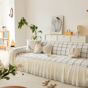 Grid Sofa Cover with Ruffle Skirt – Soft, Decorative, Full-Cover Couch Protector