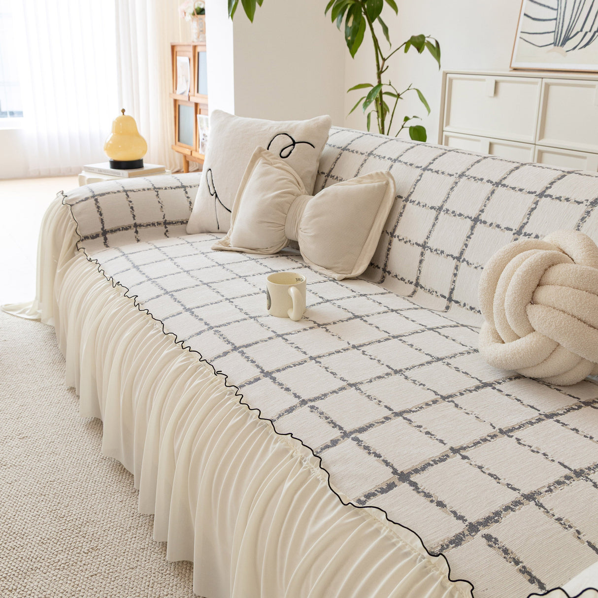 Grid Sofa Cover with Ruffle Skirt – Soft, Decorative, Full-Cover Couch Protector