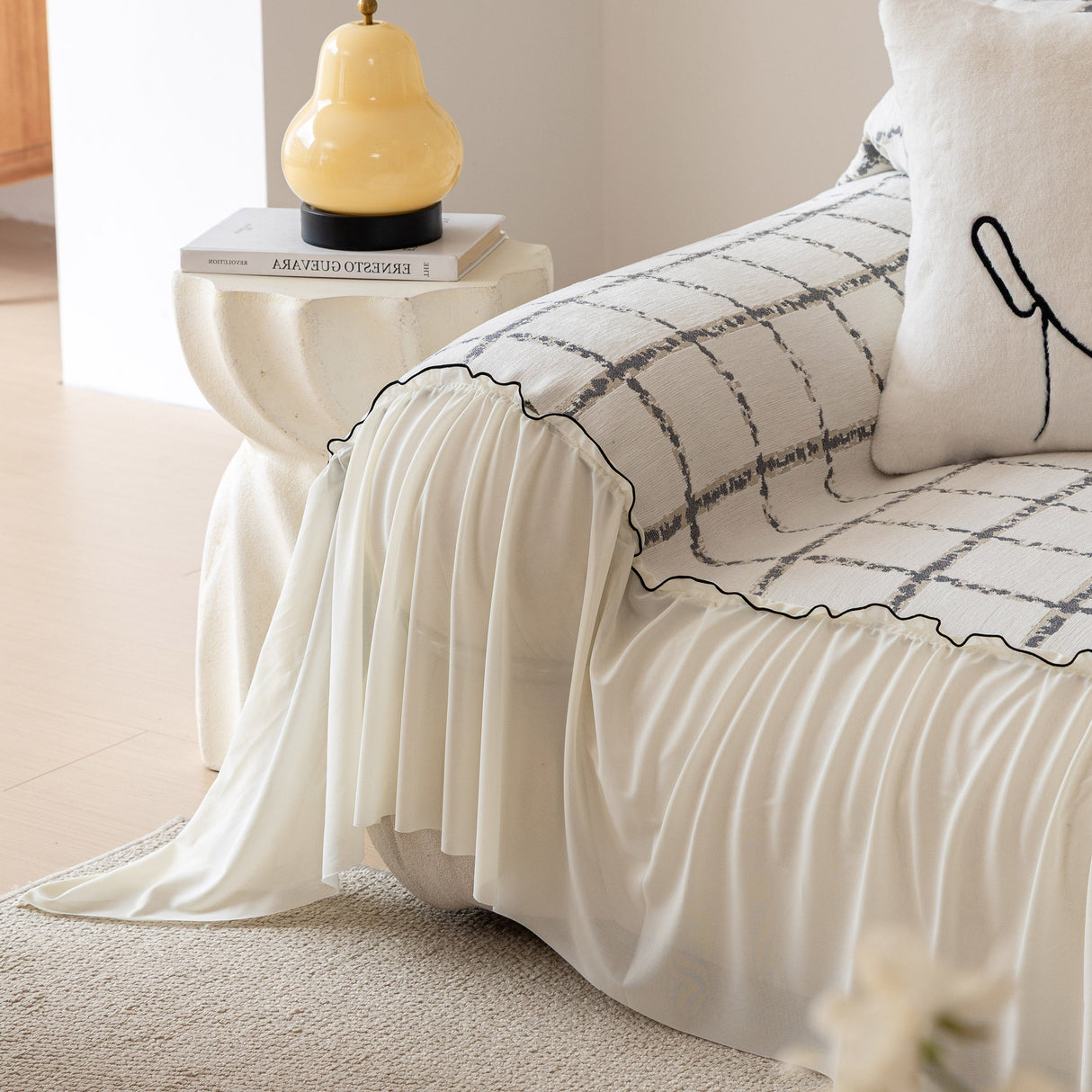 Grid Sofa Cover with Ruffle Skirt – Soft, Decorative, Full-Cover Couch Protector