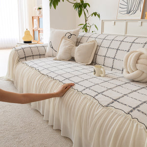 Grid Sofa Cover with Ruffle Skirt – Soft, Decorative, Full-Cover Couch Protector