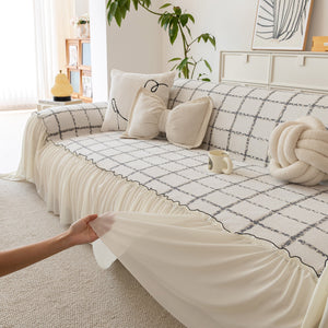 Grid Sofa Cover with Ruffle Skirt – Soft, Decorative, Full-Cover Couch Protector