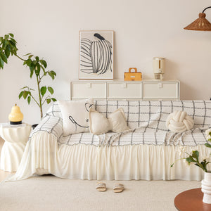 Grid Sofa Cover with Ruffle Skirt – Soft, Decorative, Full-Cover Couch Protector
