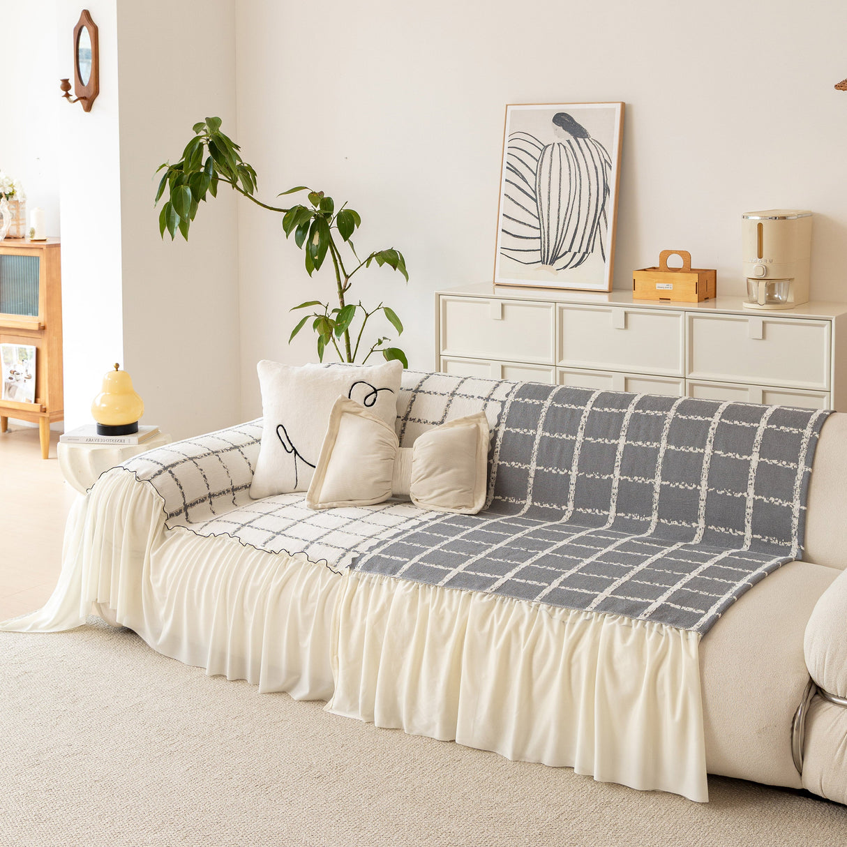 Grid Sofa Cover with Ruffle Skirt – Soft, Decorative, Full-Cover Couch Protector