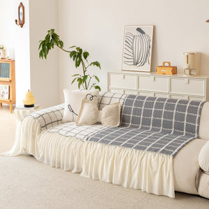 Grid Sofa Cover with Ruffle Skirt – Soft, Decorative, Full-Cover Couch Protector