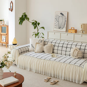 Grid Sofa Cover with Ruffle Skirt – Soft, Decorative, Full-Cover Couch Protector