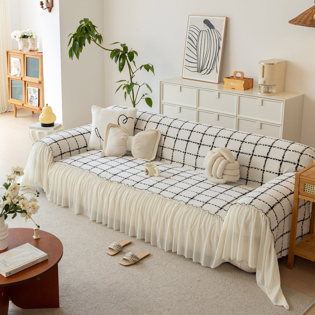 Grid Sofa Cover with Ruffle Skirt – Soft, Decorative, Full-Cover Couch Protector