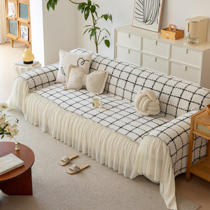 Grid Sofa Cover with Ruffle Skirt – Soft, Decorative, Full-Cover Couch Protector