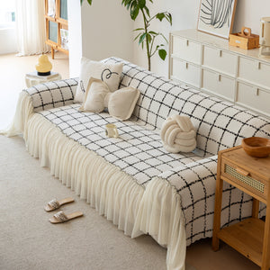 Grid Sofa Cover with Ruffle Skirt – Soft, Decorative, Full-Cover Couch Protector