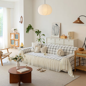 Grid Sofa Cover with Ruffle Skirt – Soft, Decorative, Full-Cover Couch Protector