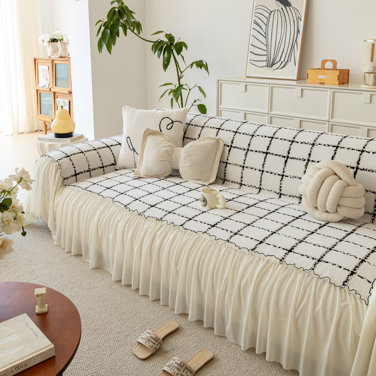 Grid Sofa Cover with Ruffle Skirt – Soft, Decorative, Full-Cover Couch Protector
