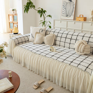 Grid Sofa Cover with Ruffle Skirt – Soft, Decorative, Full-Cover Couch Protector