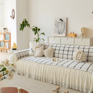 Grid Sofa Cover with Ruffle Skirt – Soft, Decorative, Full-Cover Couch Protector