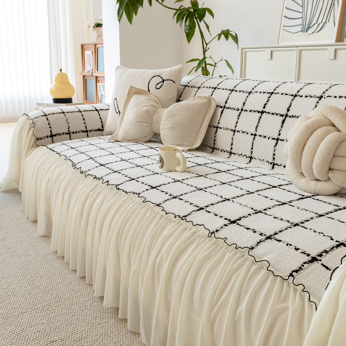 Grid Sofa Cover with Ruffle Skirt – Soft, Decorative, Full-Cover Couch Protector