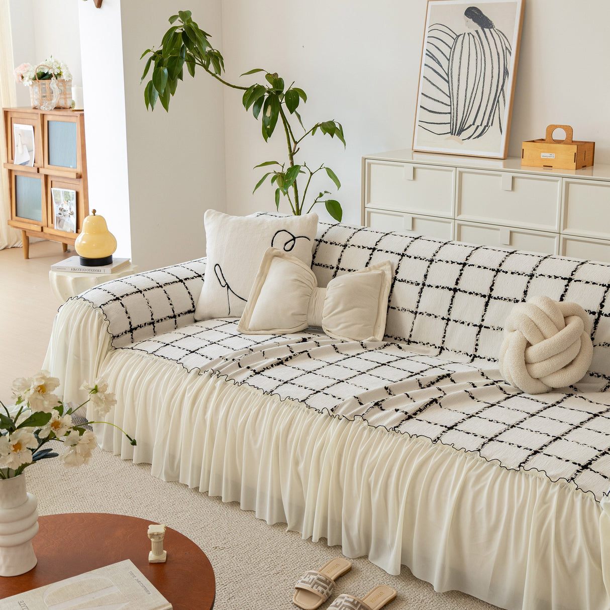 Grid Sofa Cover with Ruffle Skirt – Soft, Decorative, Full-Cover Couch Protector