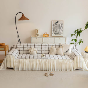 Grid Sofa Cover with Ruffle Skirt – Soft, Decorative, Full-Cover Couch Protector