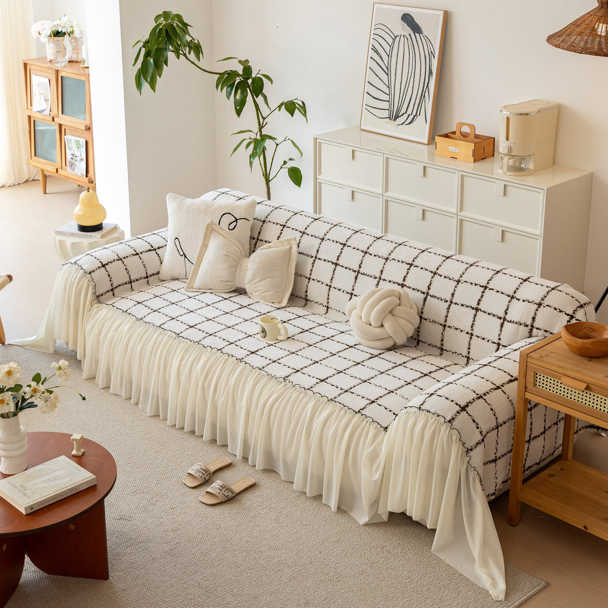 Grid Sofa Cover with Ruffle Skirt – Soft, Decorative, Full-Cover Couch Protector