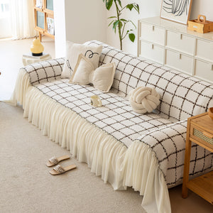 Grid Sofa Cover with Ruffle Skirt – Soft, Decorative, Full-Cover Couch Protector