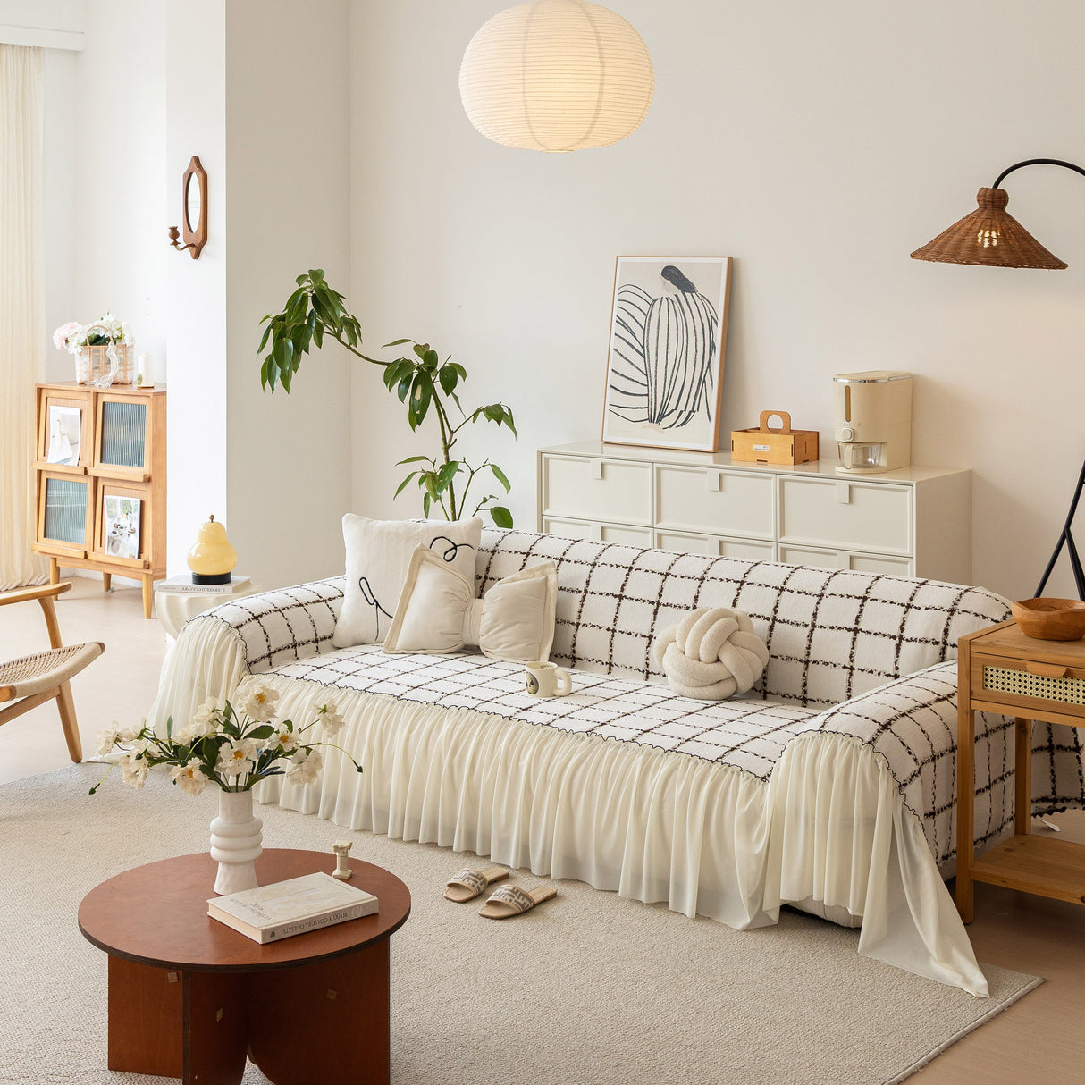 Grid Sofa Cover with Ruffle Skirt – Soft, Decorative, Full-Cover Couch Protector