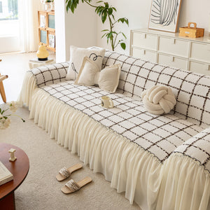 Grid Sofa Cover with Ruffle Skirt – Soft, Decorative, Full-Cover Couch Protector