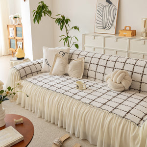 Grid Sofa Cover with Ruffle Skirt – Soft, Decorative, Full-Cover Couch Protector