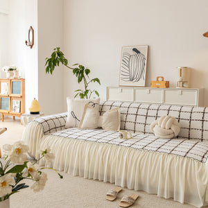 Grid Sofa Cover with Ruffle Skirt – Soft, Decorative, Full-Cover Couch Protector