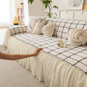 Grid Sofa Cover with Ruffle Skirt – Soft, Decorative, Full-Cover Couch Protector