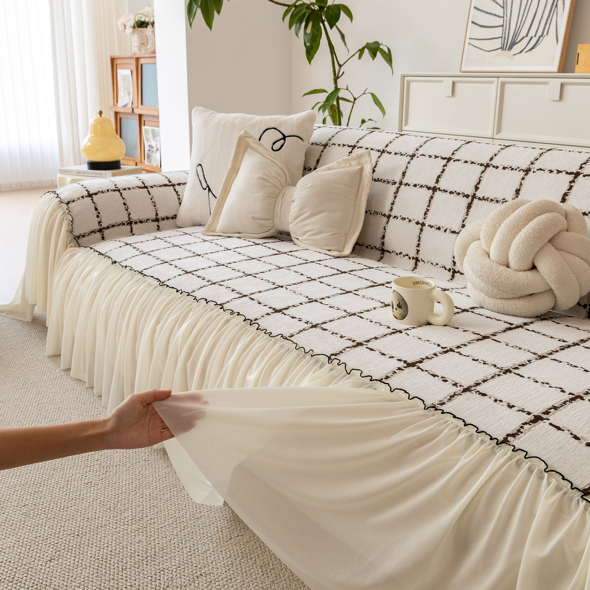 Grid Sofa Cover with Ruffle Skirt – Soft, Decorative, Full-Cover Couch Protector