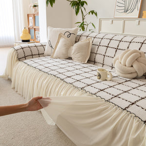 Grid Sofa Cover with Ruffle Skirt – Soft, Decorative, Full-Cover Couch Protector
