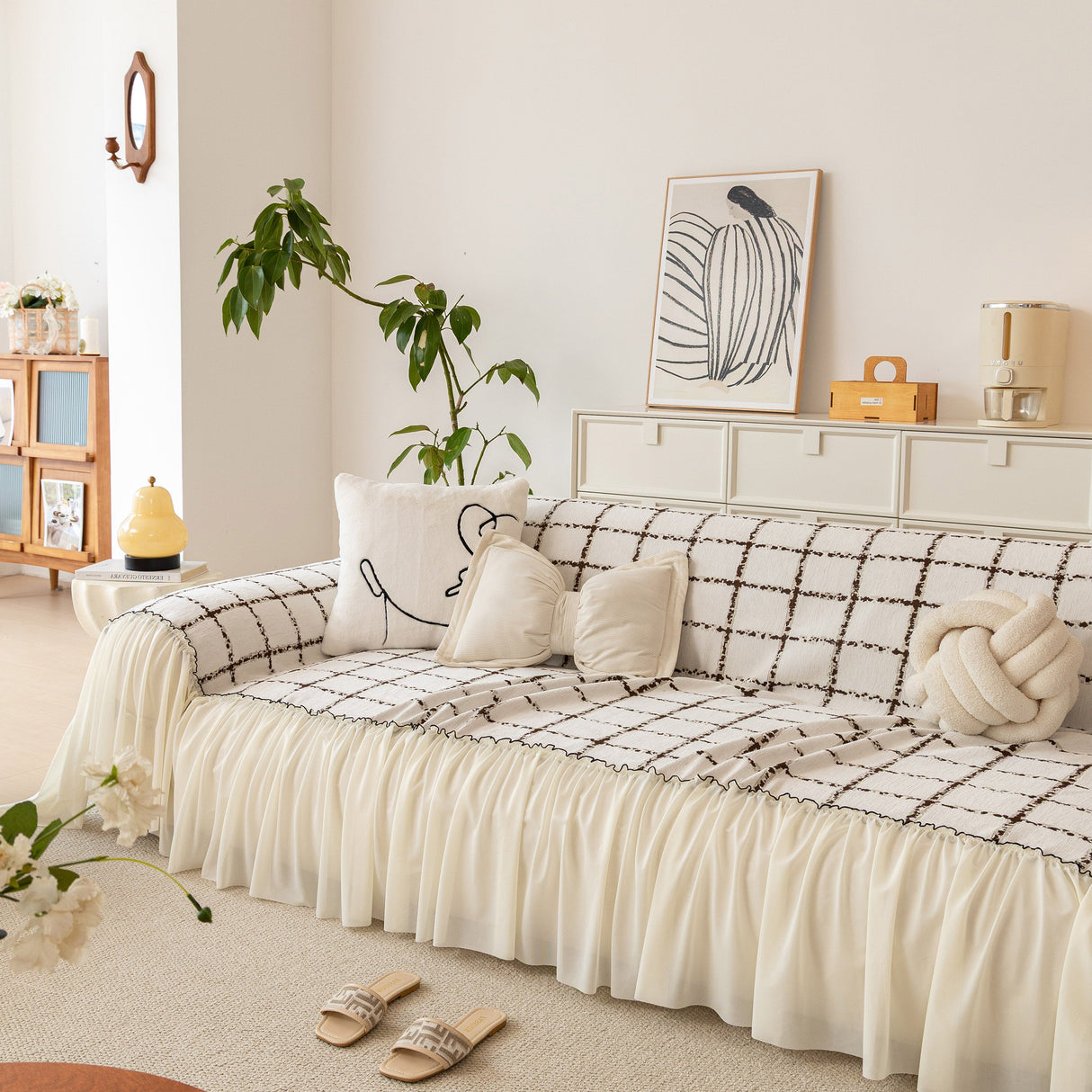 Grid Sofa Cover with Ruffle Skirt – Soft, Decorative, Full-Cover Couch Protector