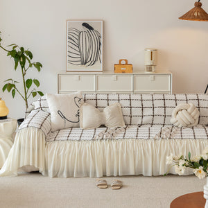 Grid Sofa Cover with Ruffle Skirt – Soft, Decorative, Full-Cover Couch Protector