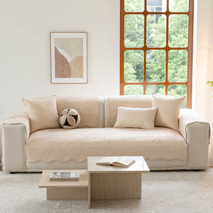 Floral Cotton Quilted Sofa Cover, Non-Slip Couch Protector with Scalloped Edges