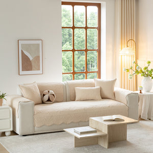 Floral Cotton Quilted Sofa Cover, Non-Slip Couch Protector with Scalloped Edges