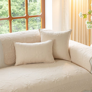 Floral Cotton Quilted Sofa Cover, Non-Slip Couch Protector with Scalloped Edges