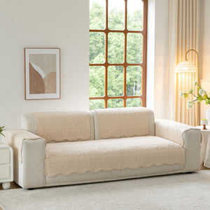 Floral Cotton Quilted Sofa Cover, Non-Slip Couch Protector with Scalloped Edges
