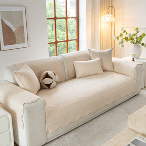 Floral Cotton Quilted Sofa Cover, Non-Slip Couch Protector with Scalloped Edges