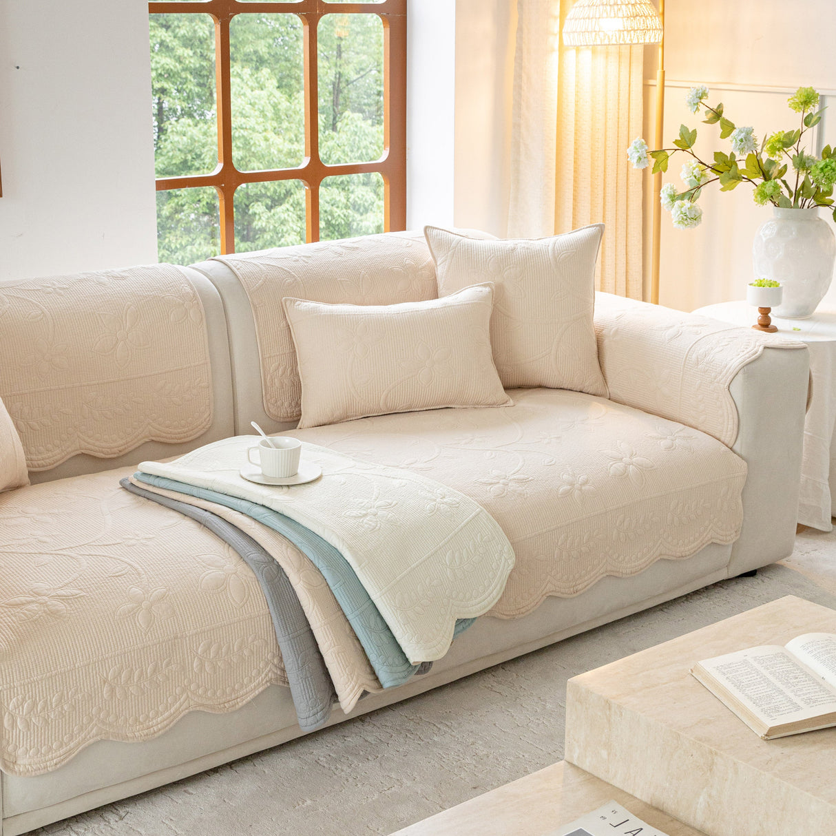 Floral Cotton Quilted Sofa Cover, Non-Slip Couch Protector with Scalloped Edges
