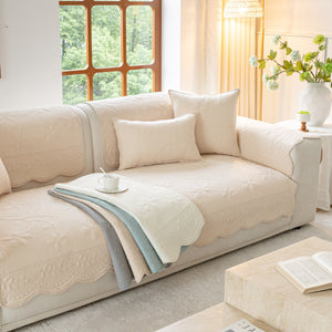 Floral Cotton Quilted Sofa Cover, Non-Slip Couch Protector with Scalloped Edges