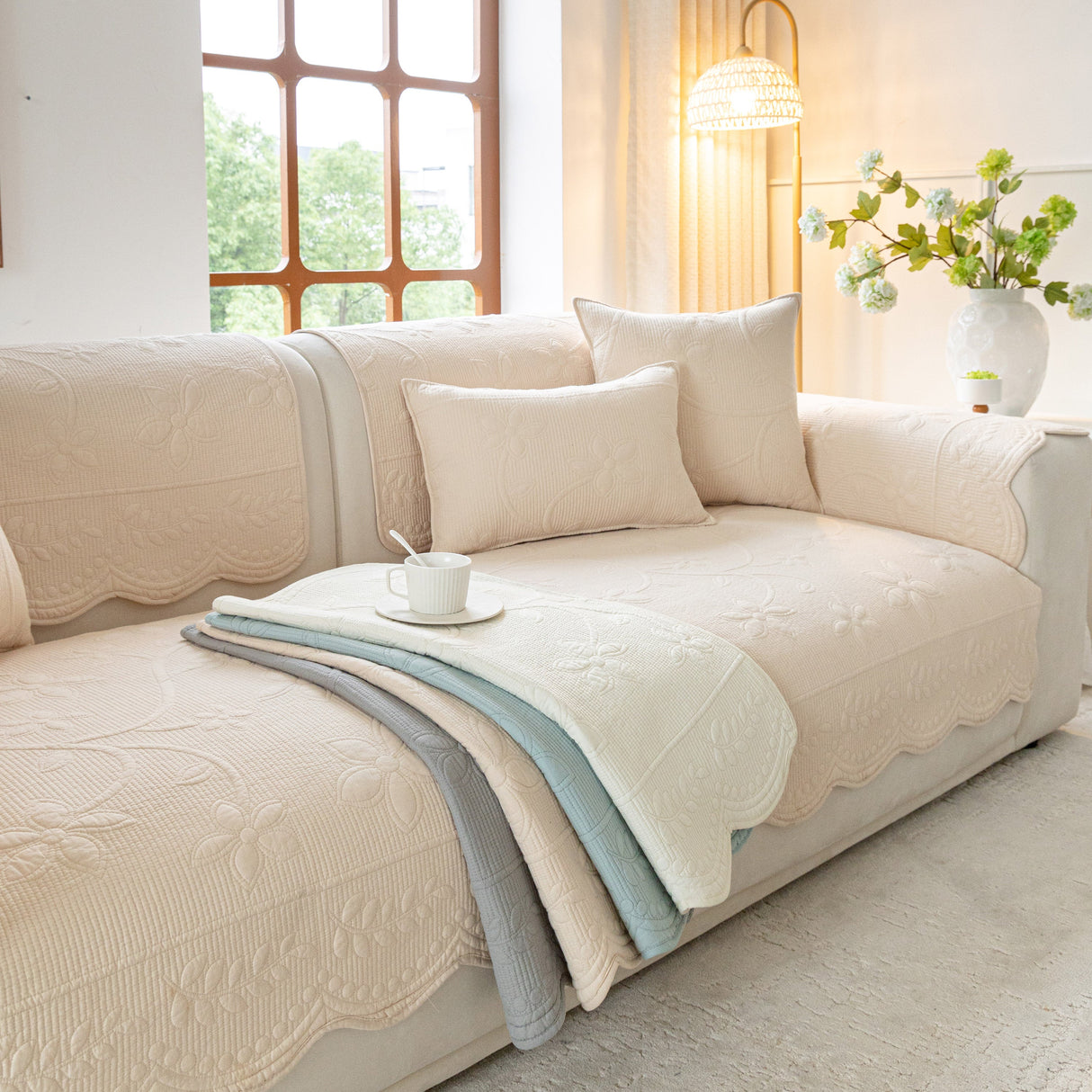 Floral Cotton Quilted Sofa Cover, Non-Slip Couch Protector with Scalloped Edges
