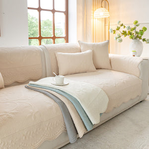 Floral Cotton Quilted Sofa Cover, Non-Slip Couch Protector with Scalloped Edges