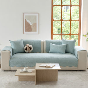 Floral Cotton Quilted Sofa Cover, Non-Slip Couch Protector with Scalloped Edges