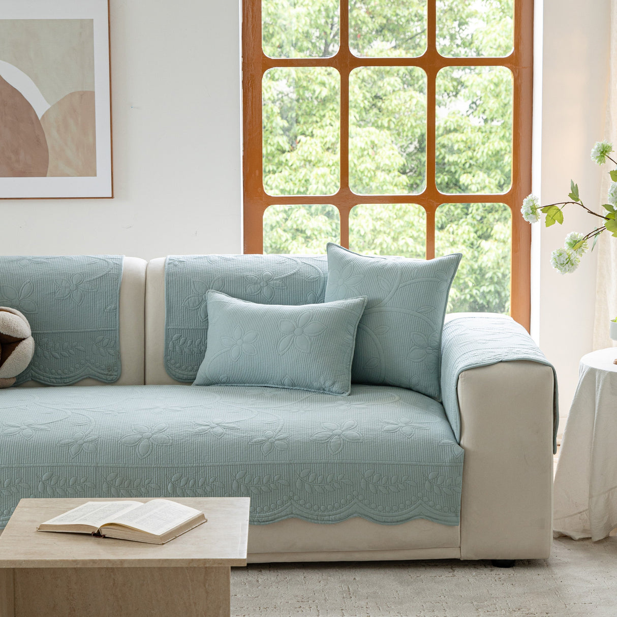 Floral Cotton Quilted Sofa Cover, Non-Slip Couch Protector with Scalloped Edges