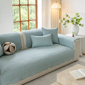 Floral Cotton Quilted Sofa Cover, Non-Slip Couch Protector with Scalloped Edges