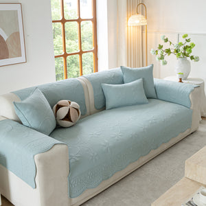 Floral Cotton Quilted Sofa Cover, Non-Slip Couch Protector with Scalloped Edges