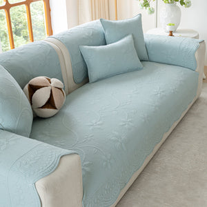 Floral Cotton Quilted Sofa Cover, Non-Slip Couch Protector with Scalloped Edges