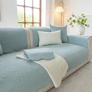 Floral Cotton Quilted Sofa Cover, Non-Slip Couch Protector with Scalloped Edges