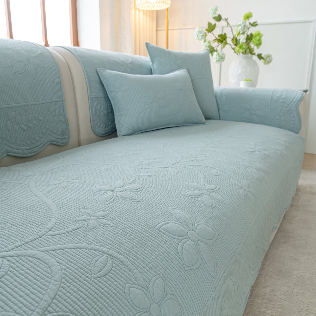 Floral Cotton Quilted Sofa Cover, Non-Slip Couch Protector with Scalloped Edges